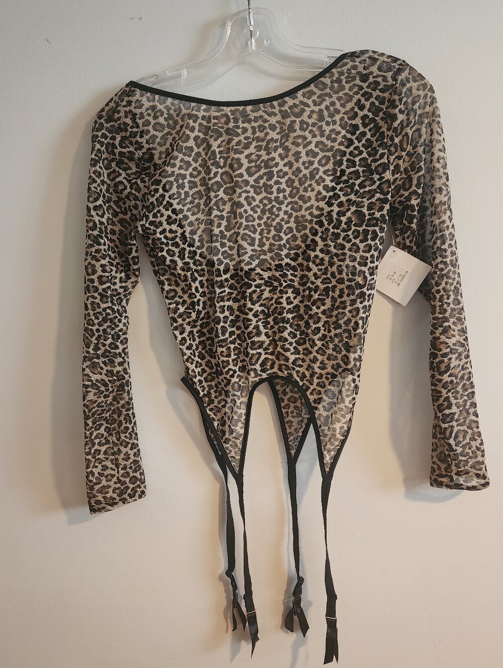 Sheer Mesh Leopard Print Lingerie Top with Garters and Long Sleeves